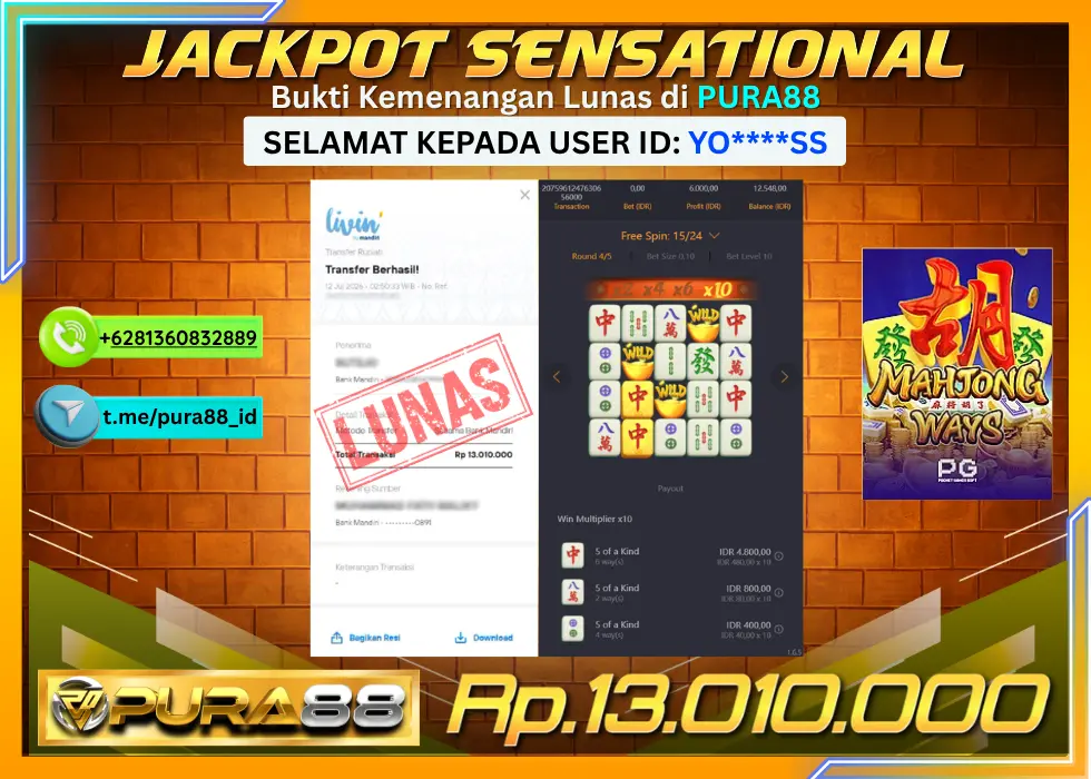 PURA88 JACKPOT MAHJONG WAYS Rp 13.010.000,- LUNAS